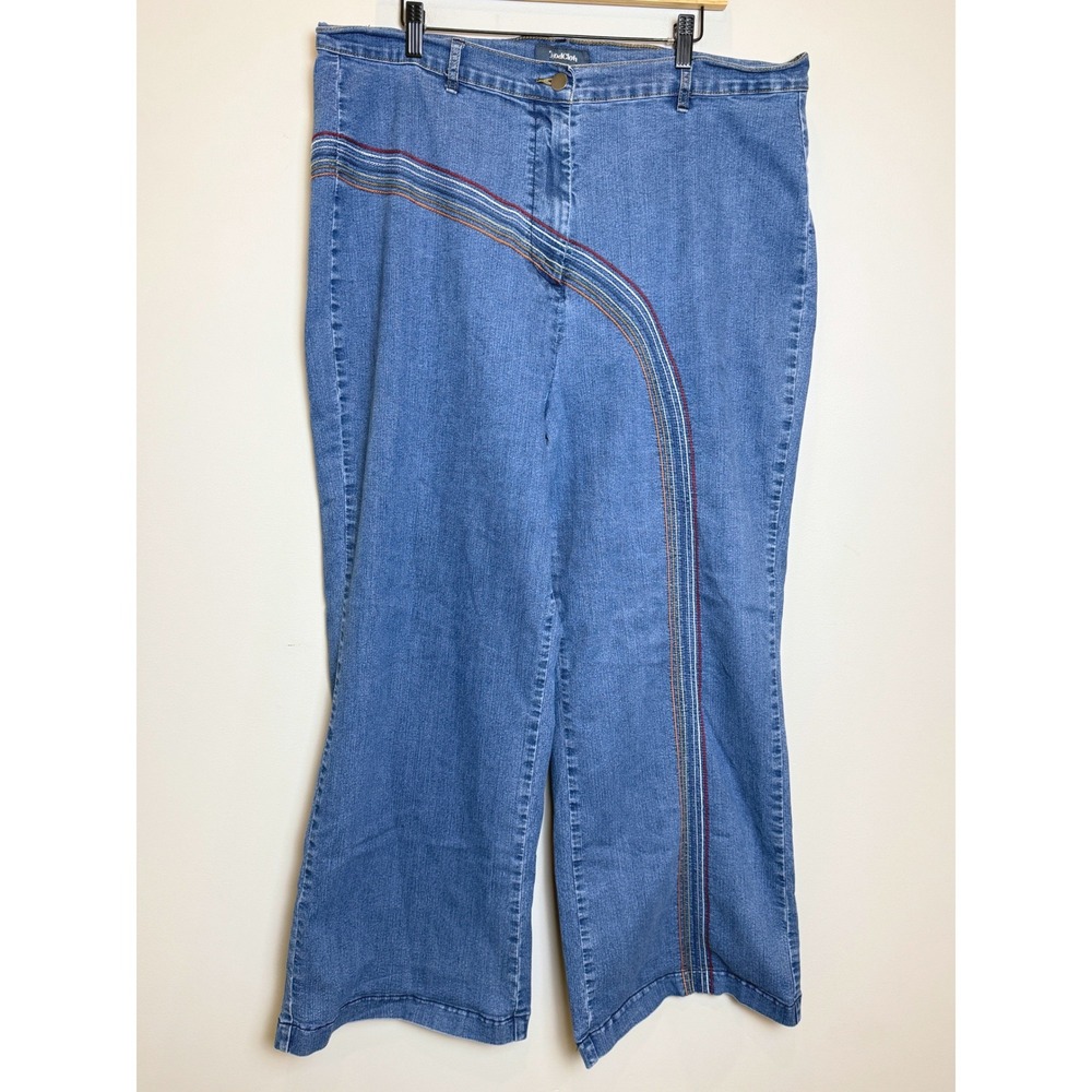 ModCloth Wide Leg Blue Jeans Rainbow Embroidered Retro Pride High Rise 22 W Plus